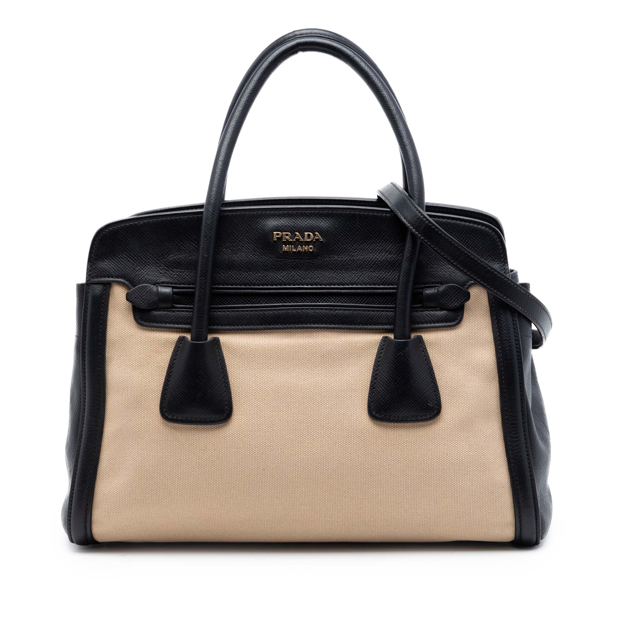 PRADA BICOLOR SAFFIANO CUIR TRIMMED CANVAS BAG
