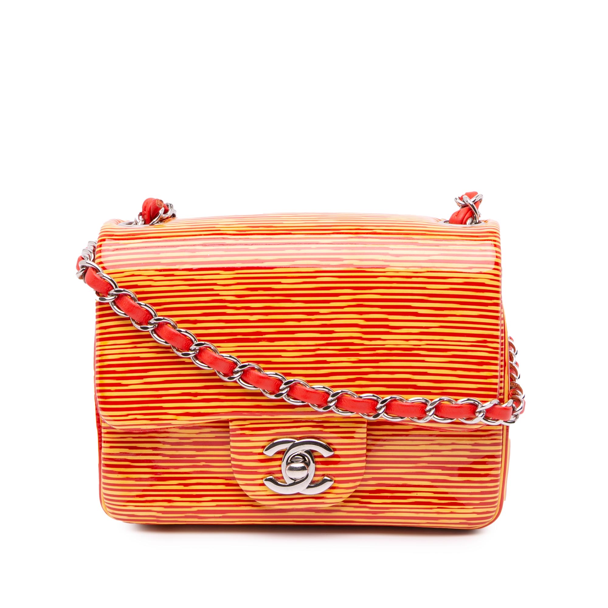 Chanel Mini Square Classic Patent Striped Single Flap Orange