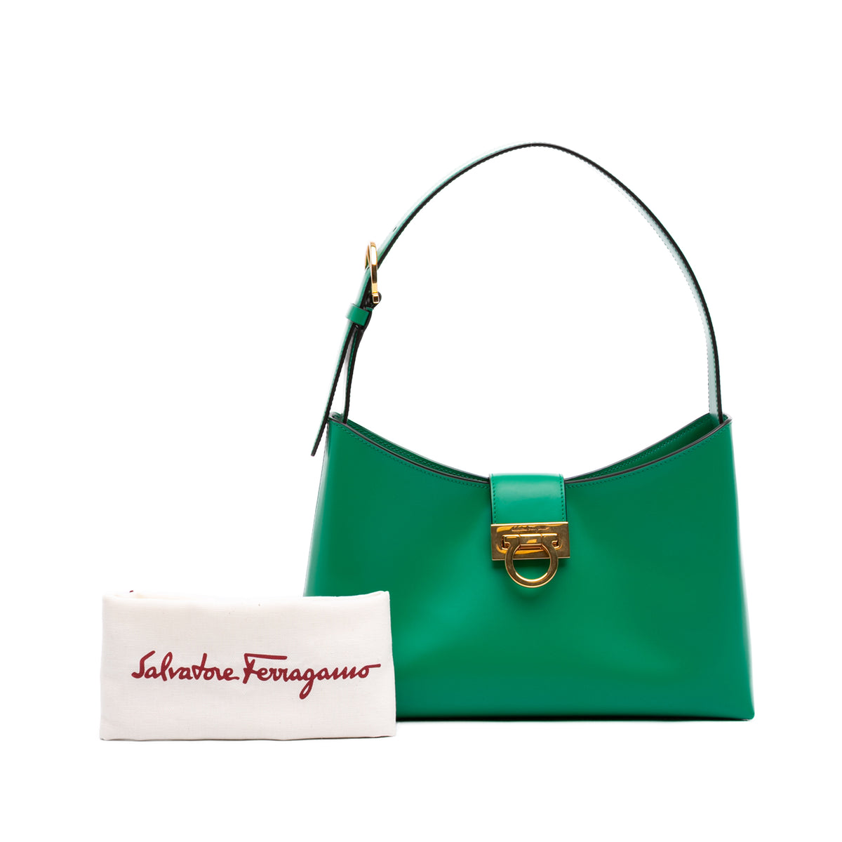 Ferragamo Leather Gancini Trifolio Shoulder Bag Green