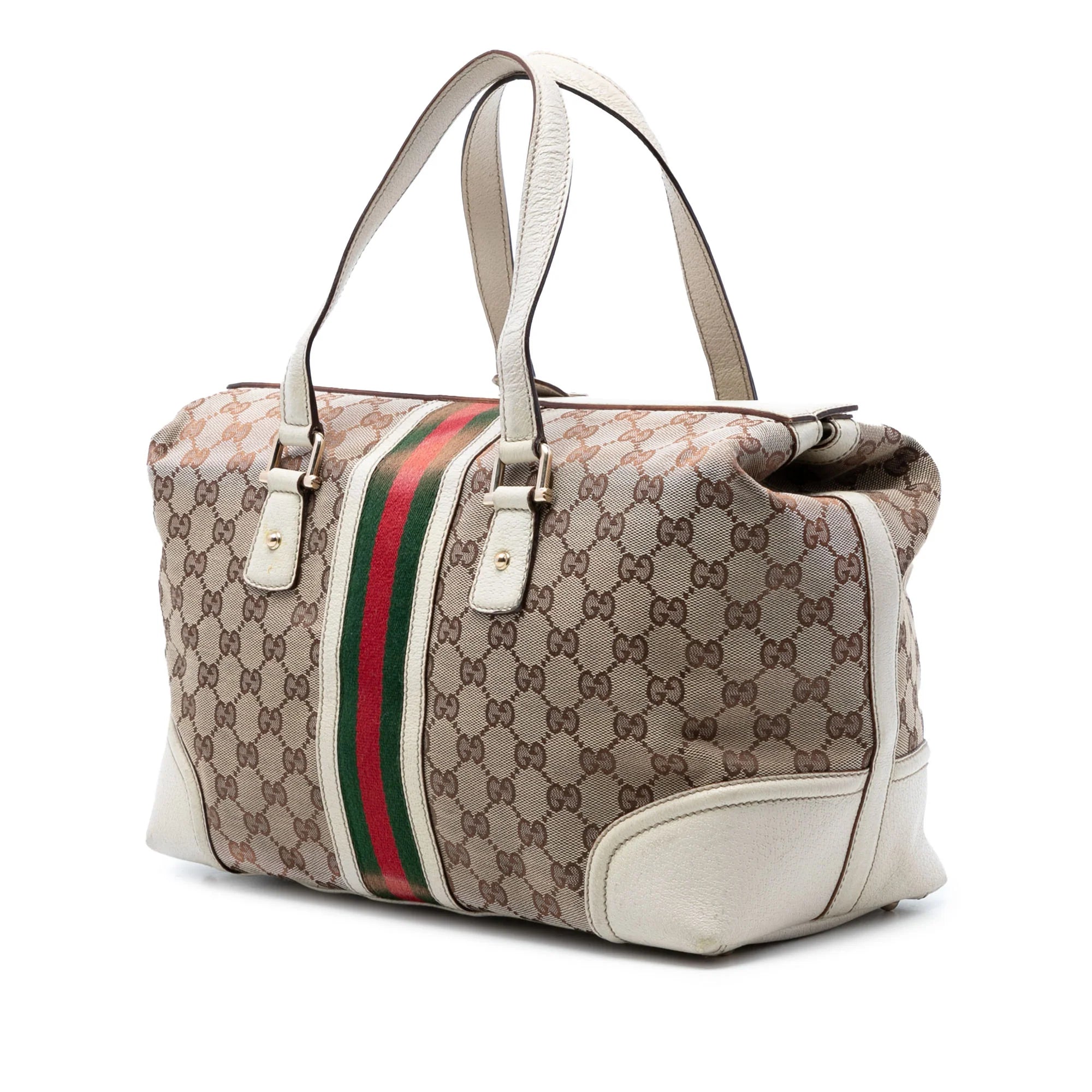 GUCCI GG CANVAS WEB TREASURE BOSTON BAG IN WHITE