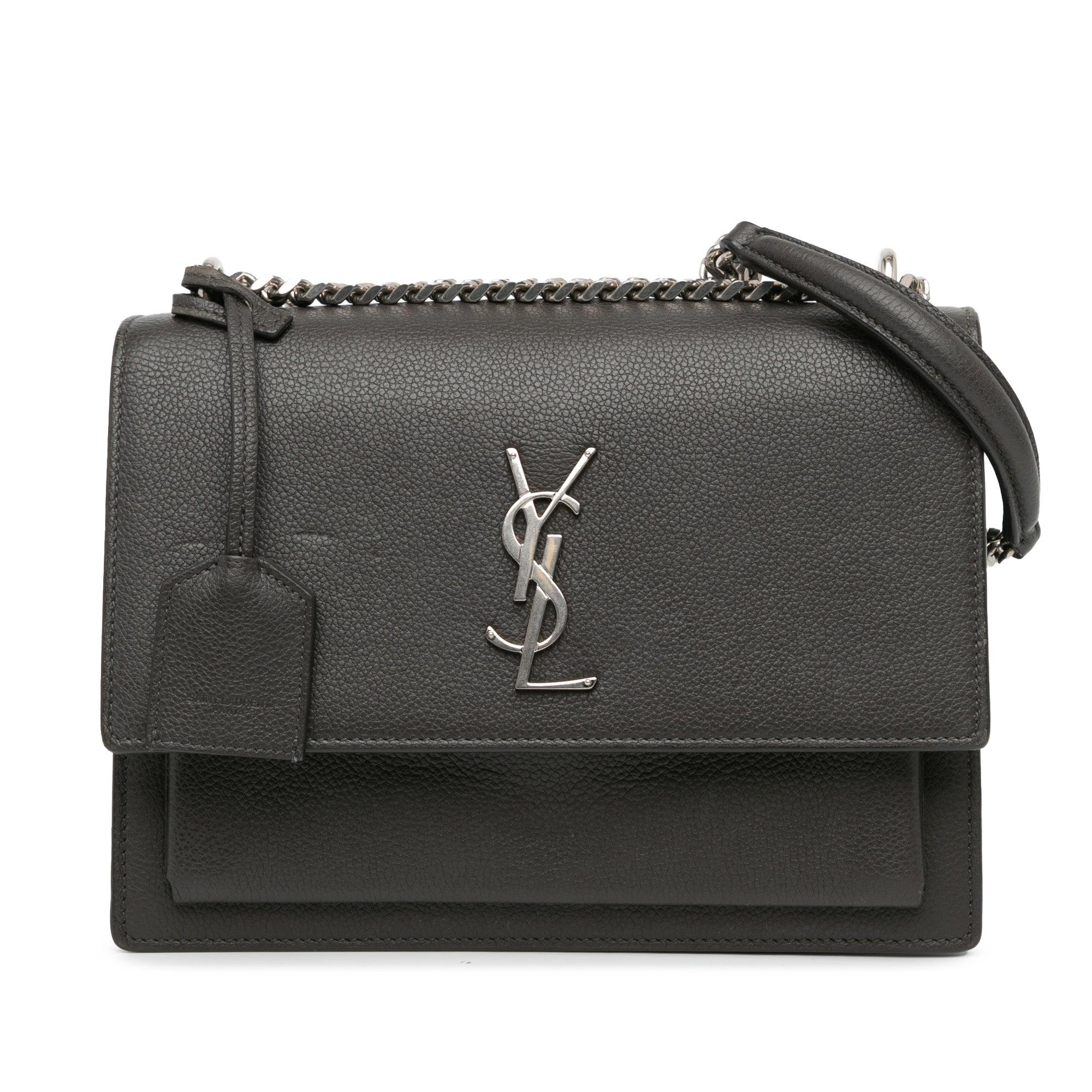 Saint Laurent Medium Grained Calfskin Monogram Sunset Crossbody In Grey