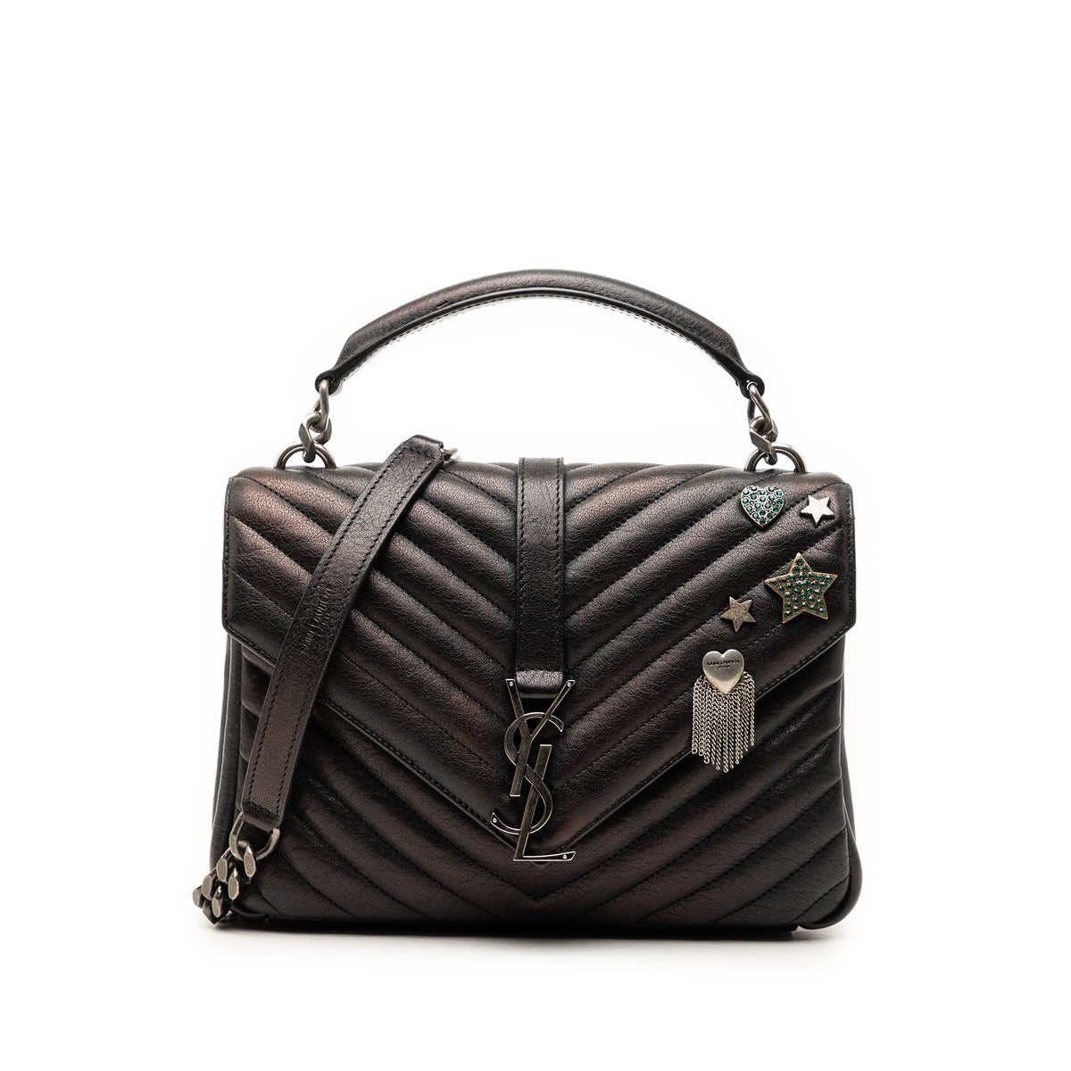 Saint Laurent Medium Metallic Chevron Sheepskin Monogram College Pins Satchel Black