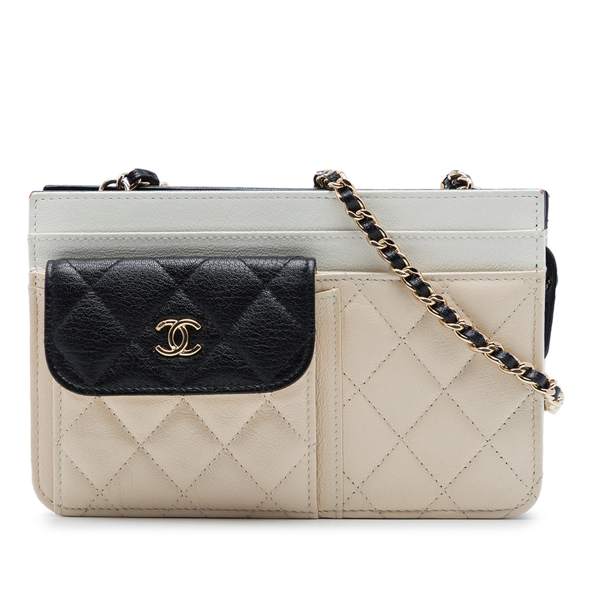 Chanel CC Tricolor Quilted Goatskin Multi Pocket Wallet On Chain Black