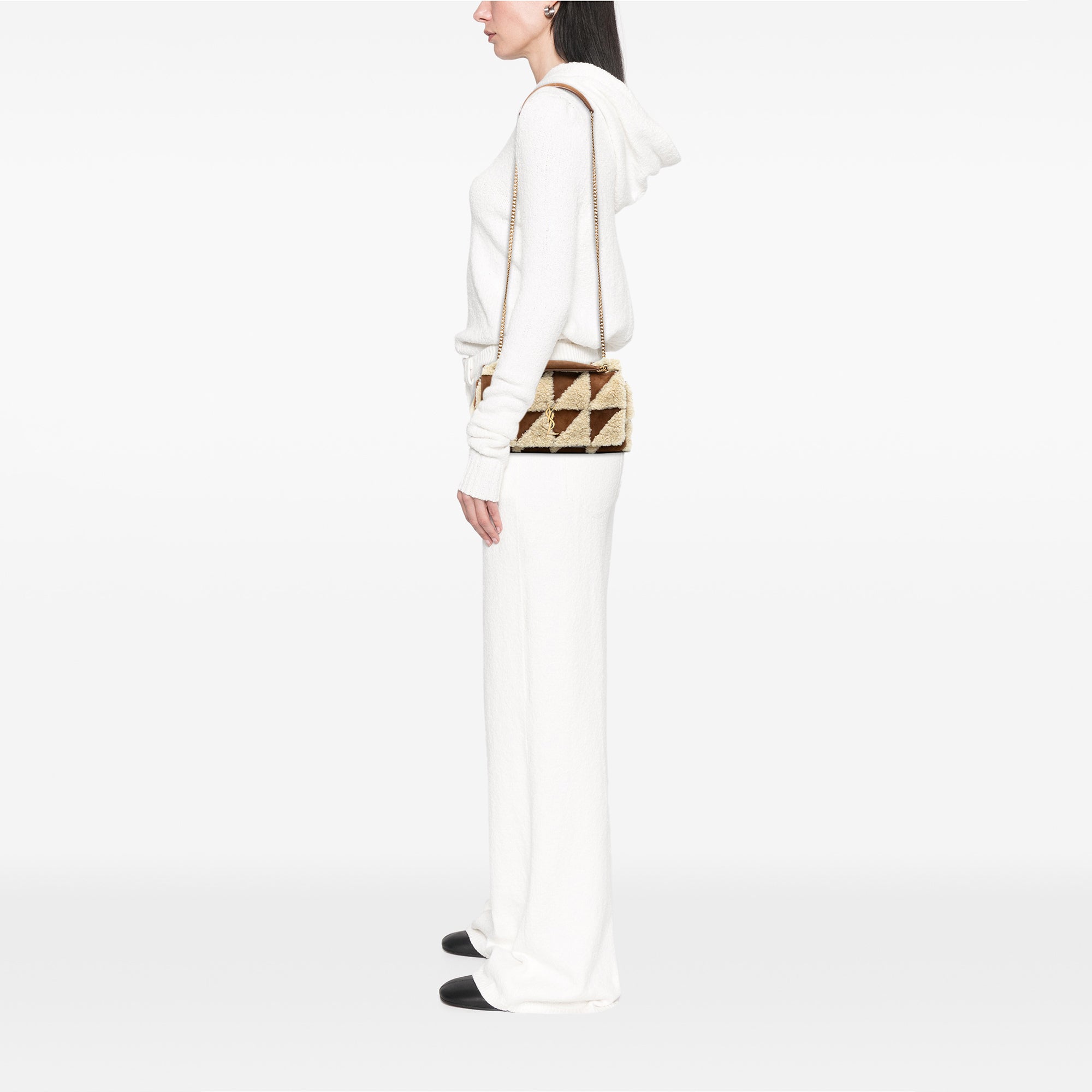Saint Laurent Medium Suede and Shearling Patchwork Jamie Shoulder Bag Brown
