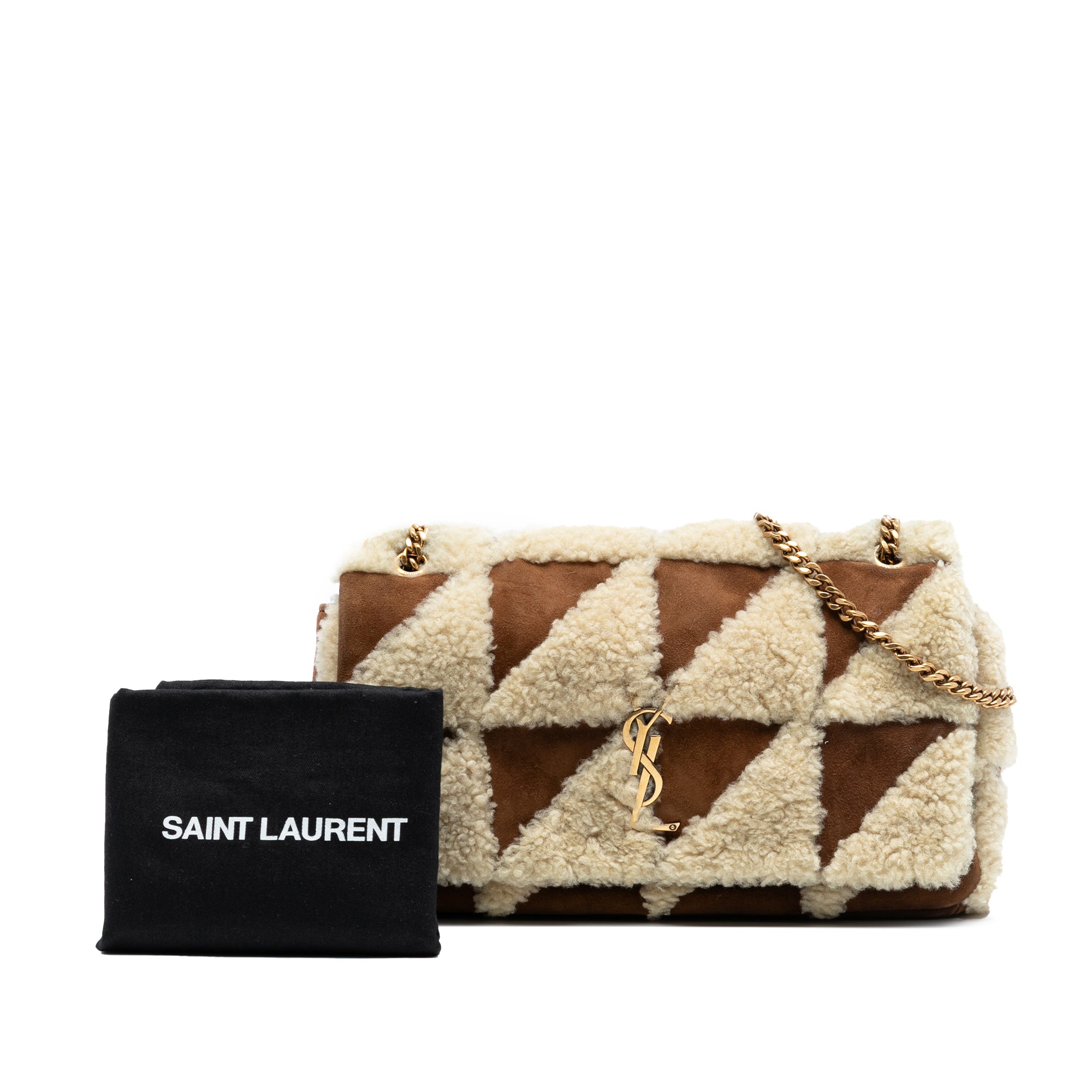 Saint Laurent Medium Suede and Shearling Patchwork Jamie Shoulder Bag Brown