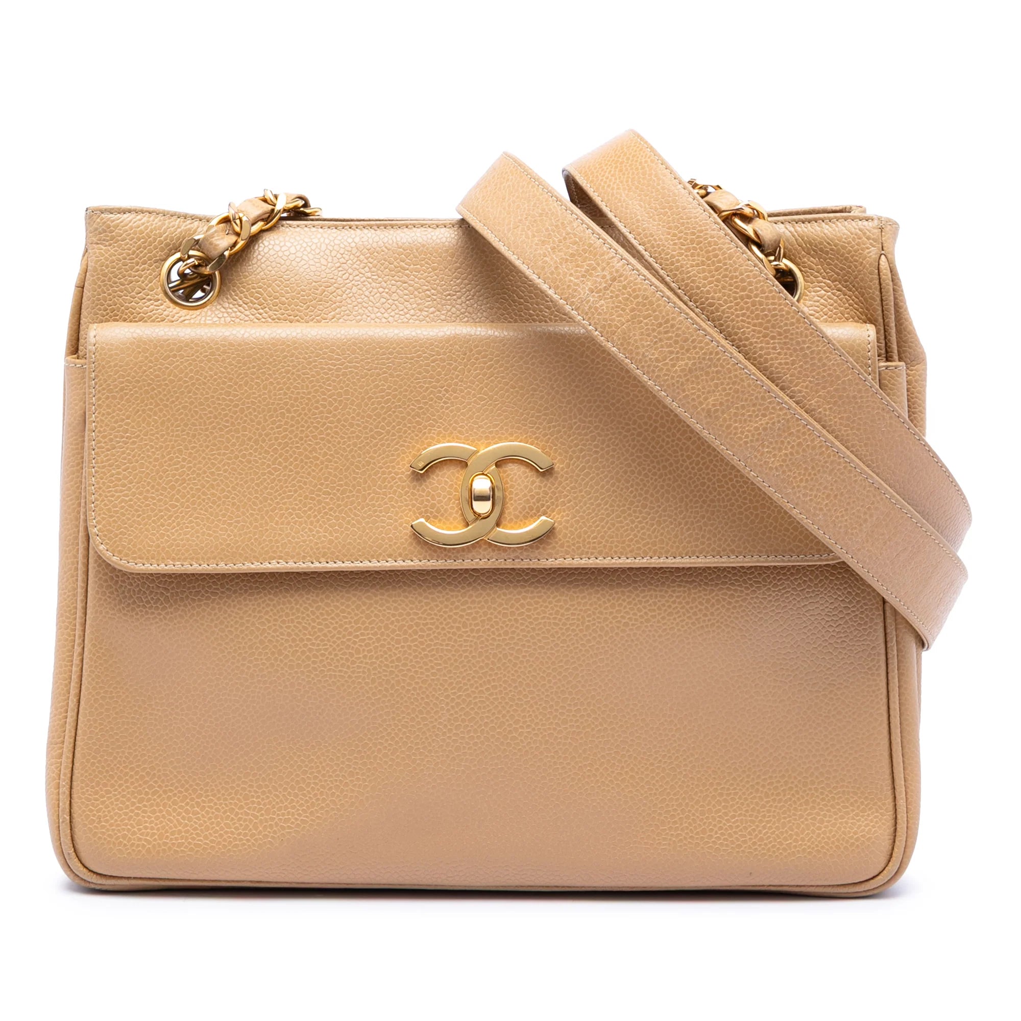CHANEL CC CAVIAR FRONT POCKET CHAIN SHOULDER BAG IN BEIGE