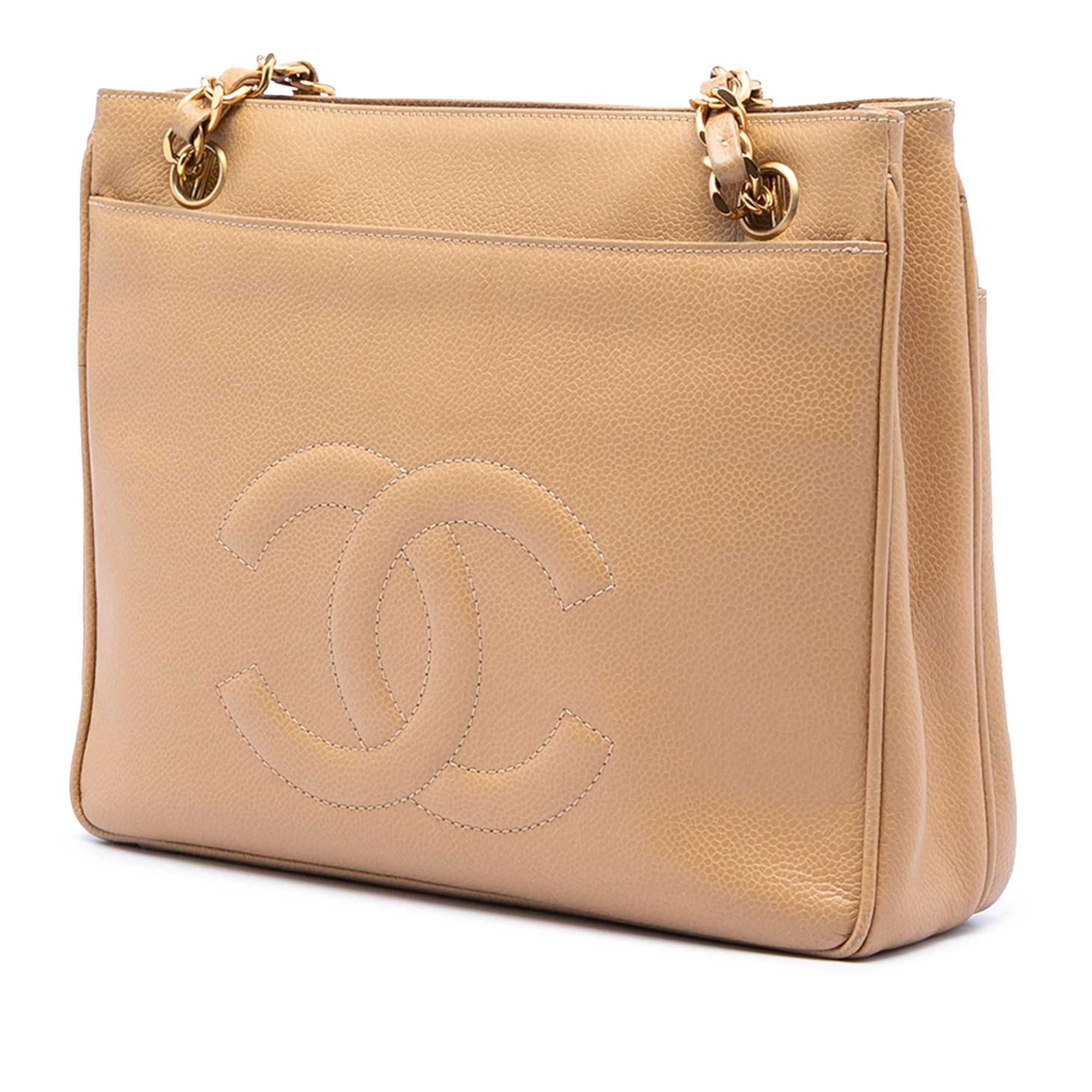 CHANEL CC CAVIAR FRONT POCKET CHAIN SHOULDER BAG IN BEIGE