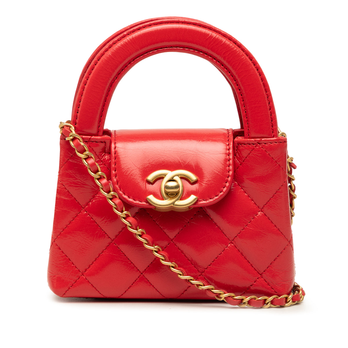Chanel Mini Nano Shiny Aged Calfskin Kelly Shopper Bag Red