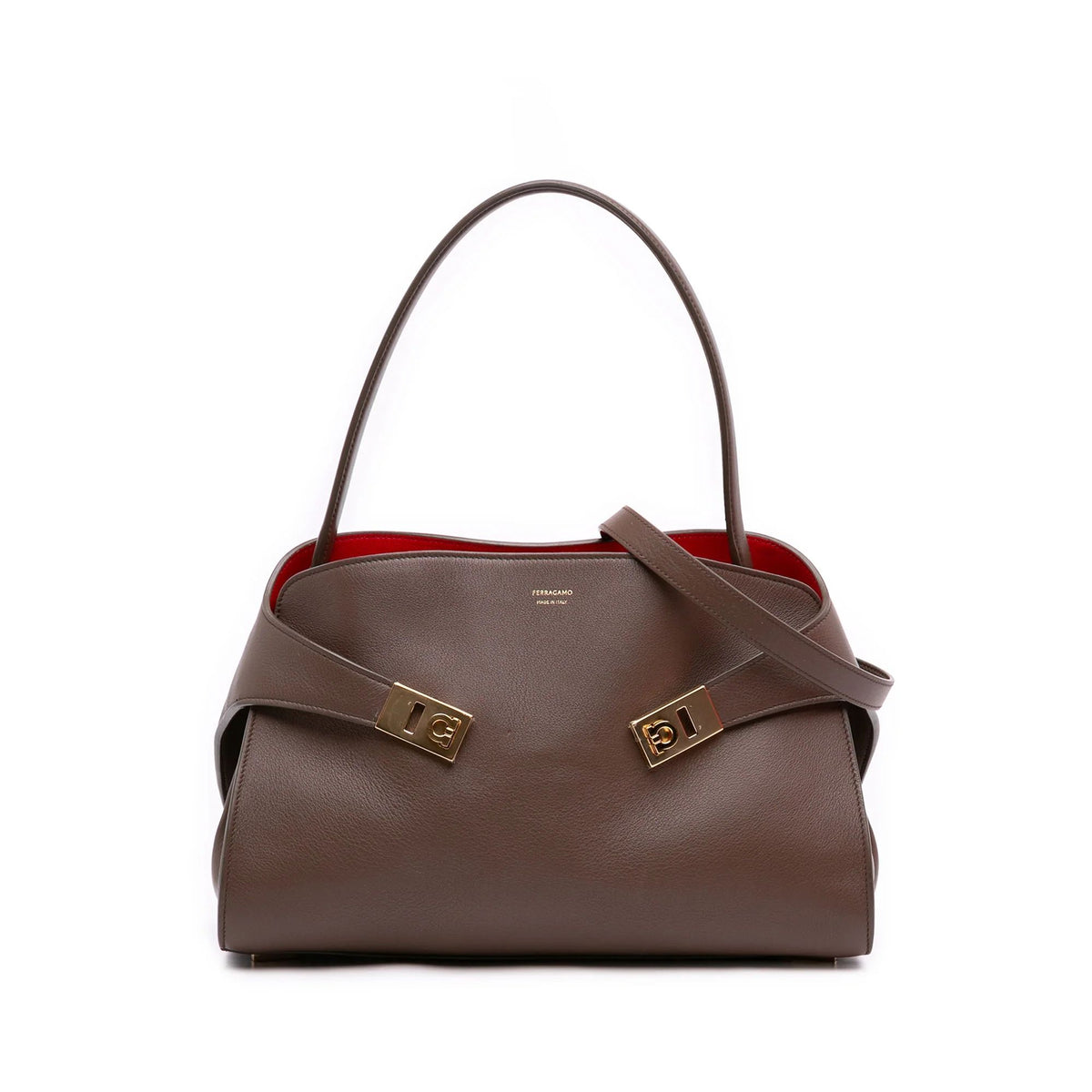 Ferragamo Medium Brown Calfskin Hug Satchel With Box