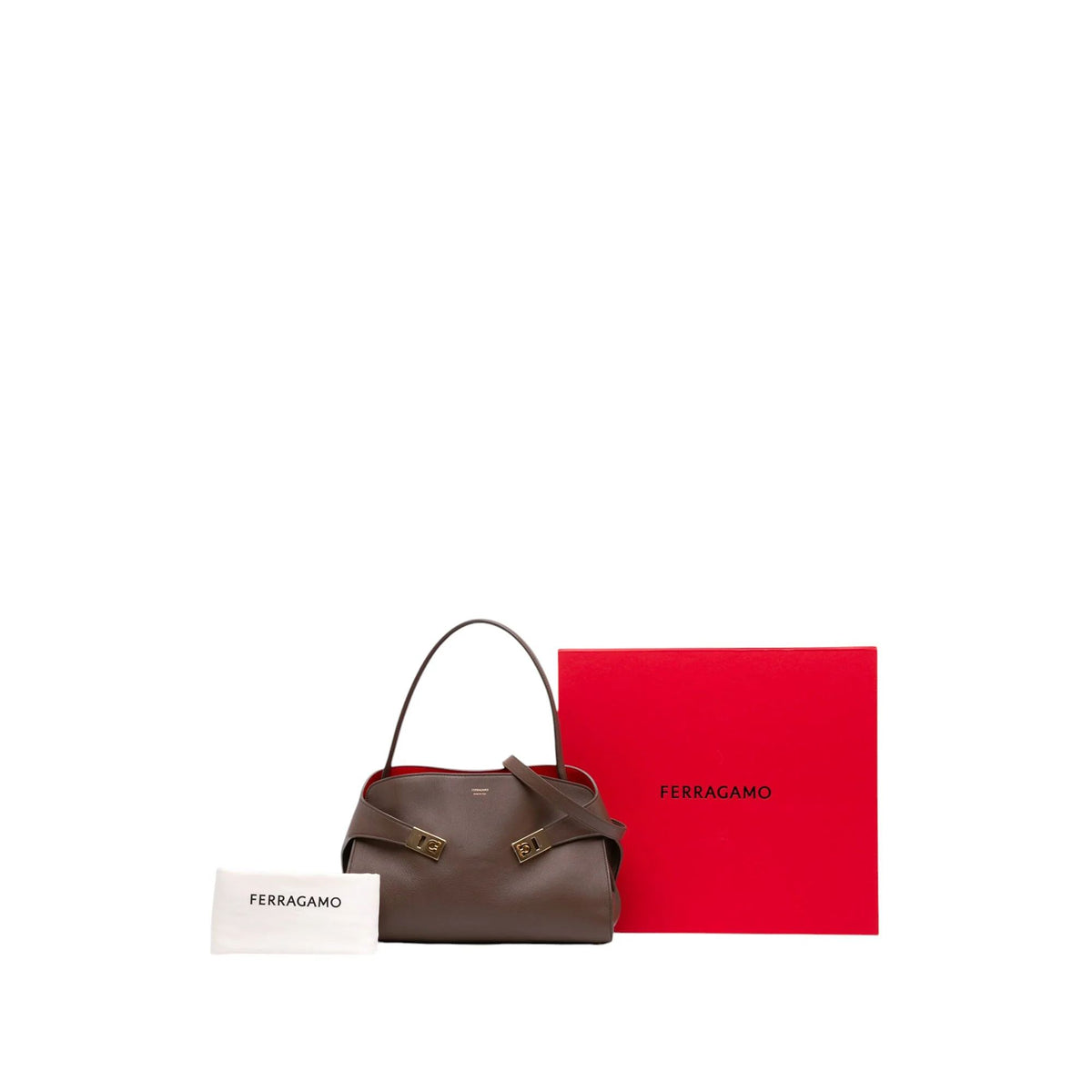 Ferragamo Medium Brown Calfskin Hug Satchel With Box