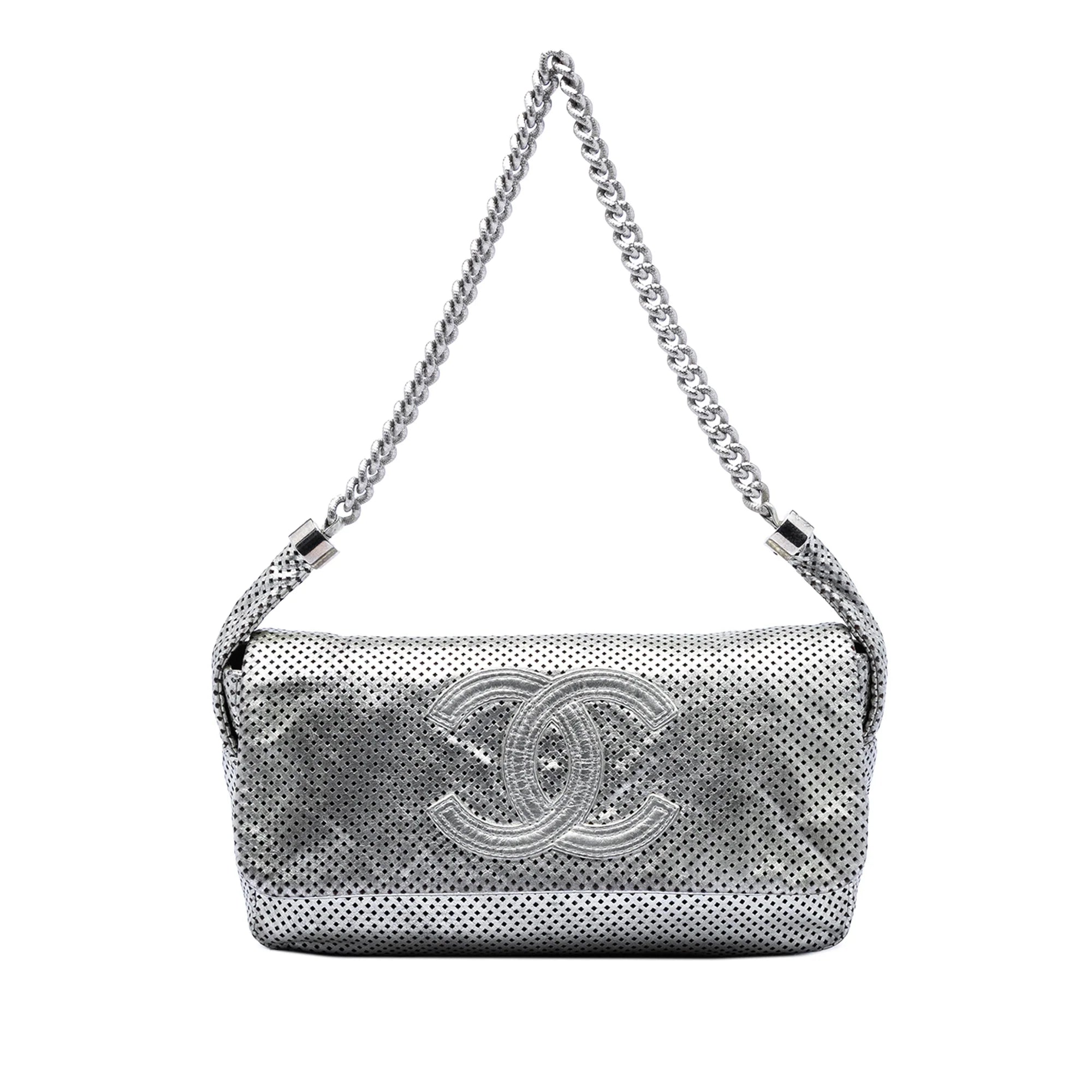 CHANEL METALLIC GLAZED CALFSKIN PERFORATED RODEO DRIVE FLAP BAG IN SILVER