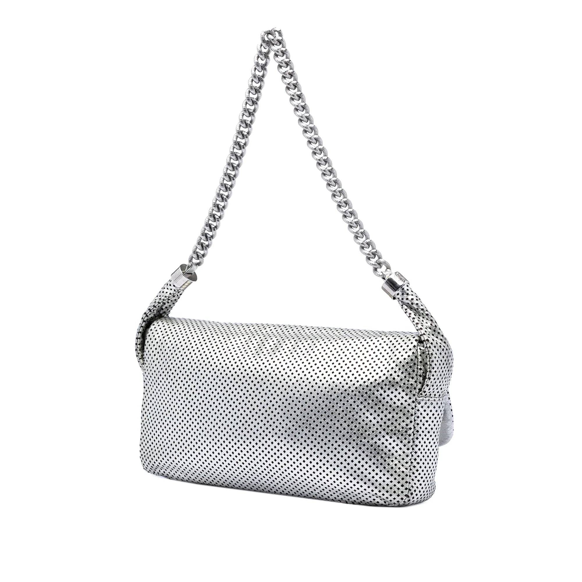CHANEL METALLIC GLAZED CALFSKIN PERFORATED RODEO DRIVE FLAP BAG IN SILVER