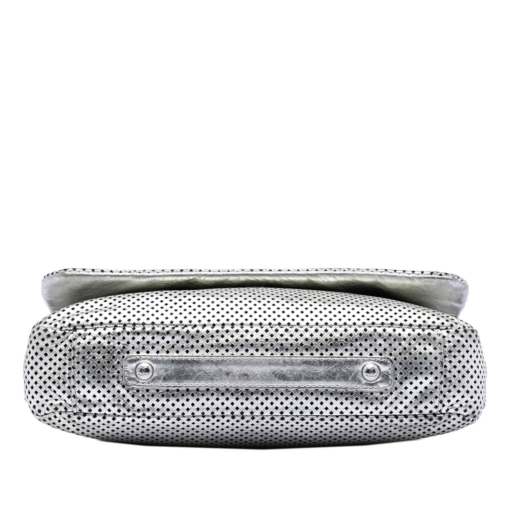 CHANEL METALLIC GLAZED CALFSKIN PERFORATED RODEO DRIVE FLAP BAG IN SILVER