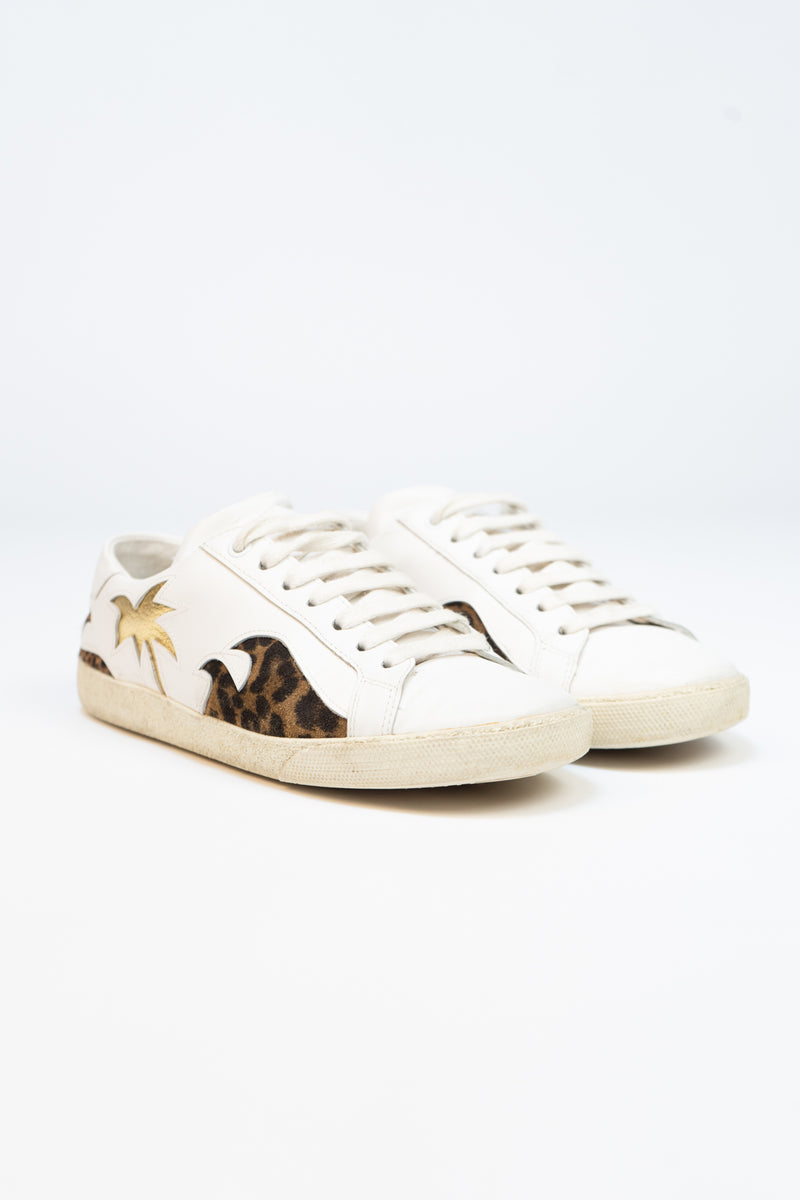 Saint Laurent White Leather Palm Tree Low Top Sneakers Size 36