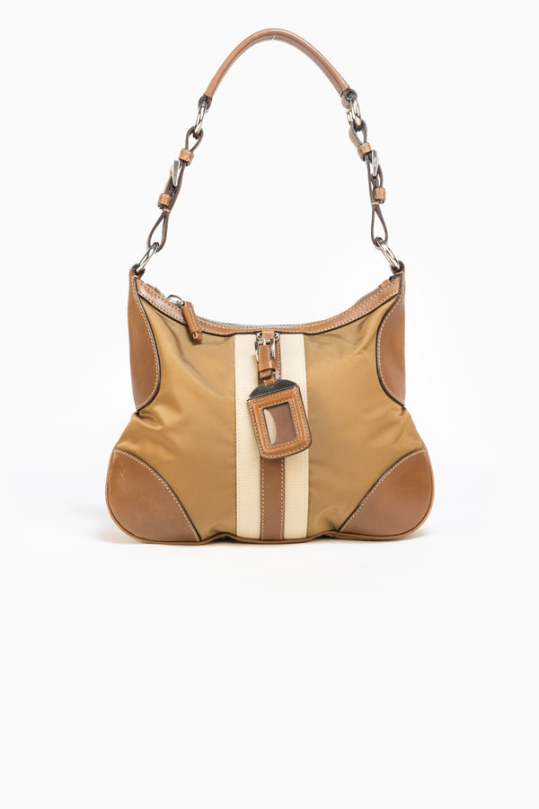 Prada Leather And Nylon Shoulder Bag In Camel