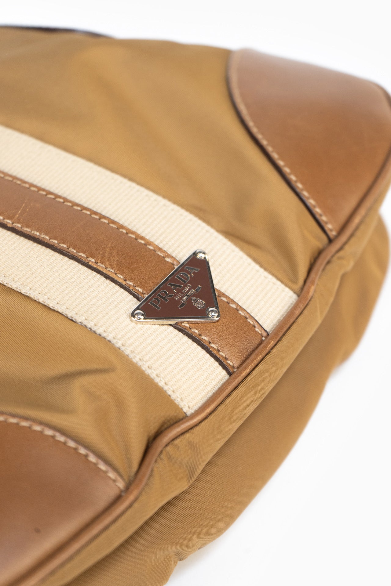 Prada Leather And Nylon Shoulder Bag In Camel