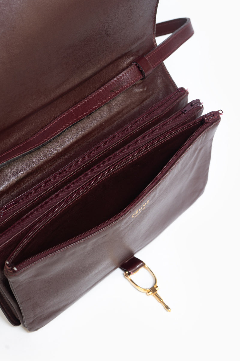 Celine Vintage Carriage Leather Shoulder Bag In Burgundy