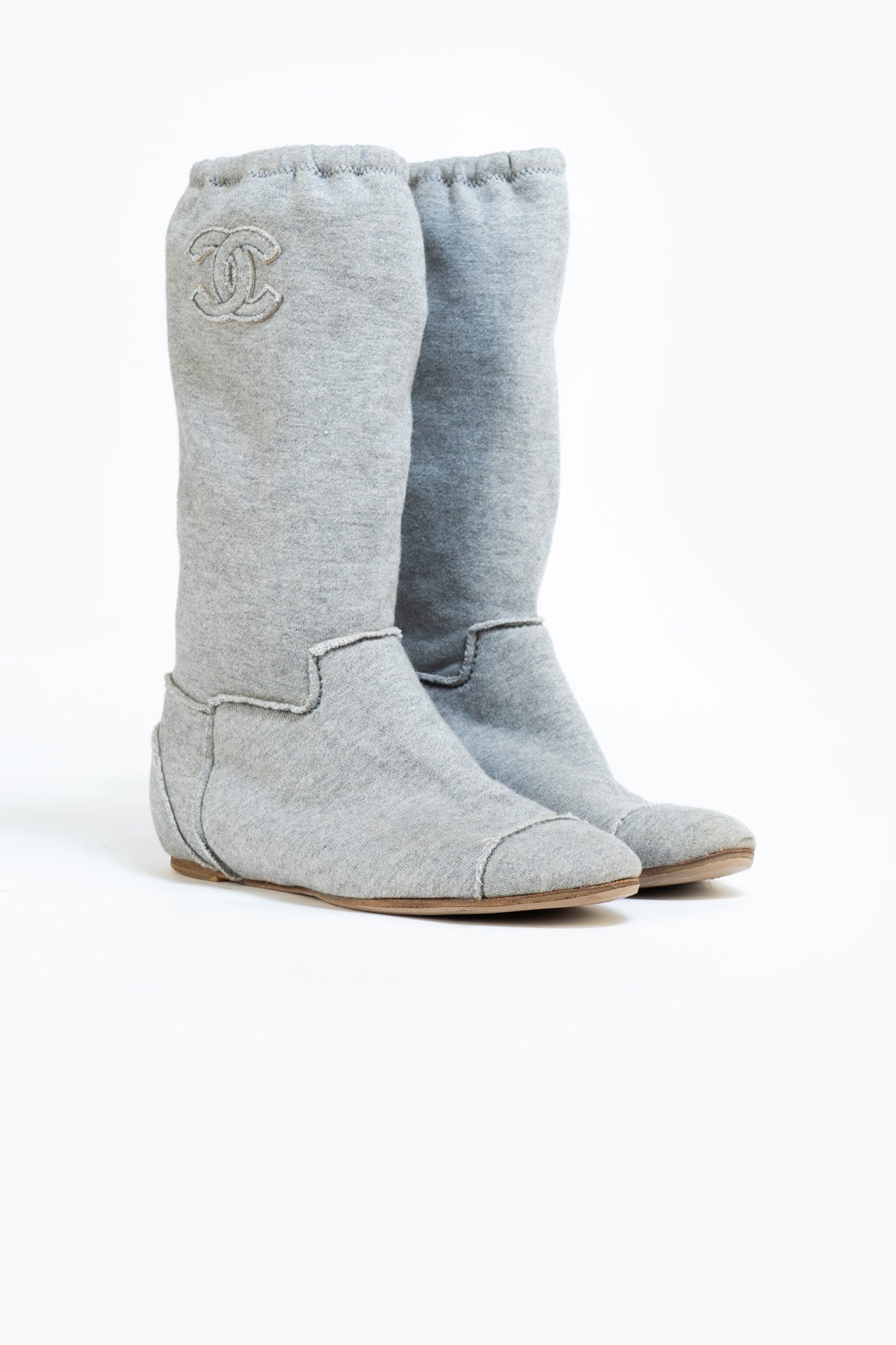 Chanel Grey Cotton Boots - Size 38.5