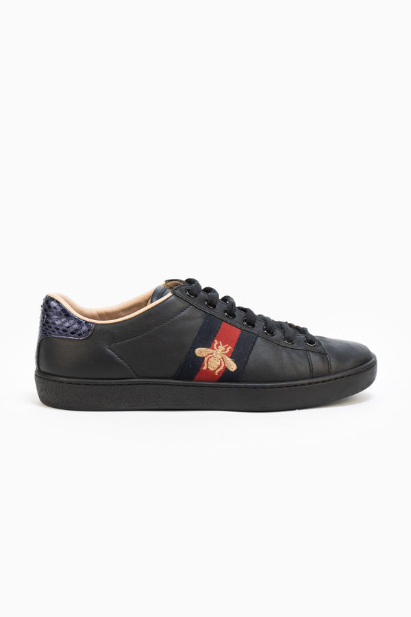 Gucci Black Leather Ace Bee Embroidered Low Top Sneakers- Size 36