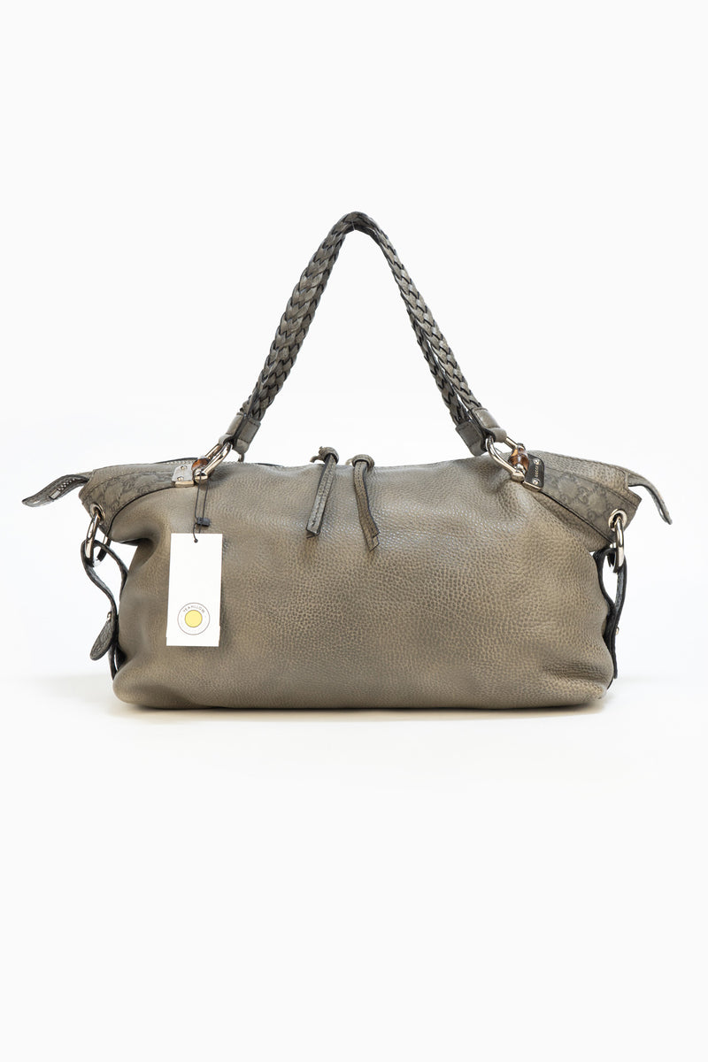 Gucci Grey Leather Handbag With Bamboo Details