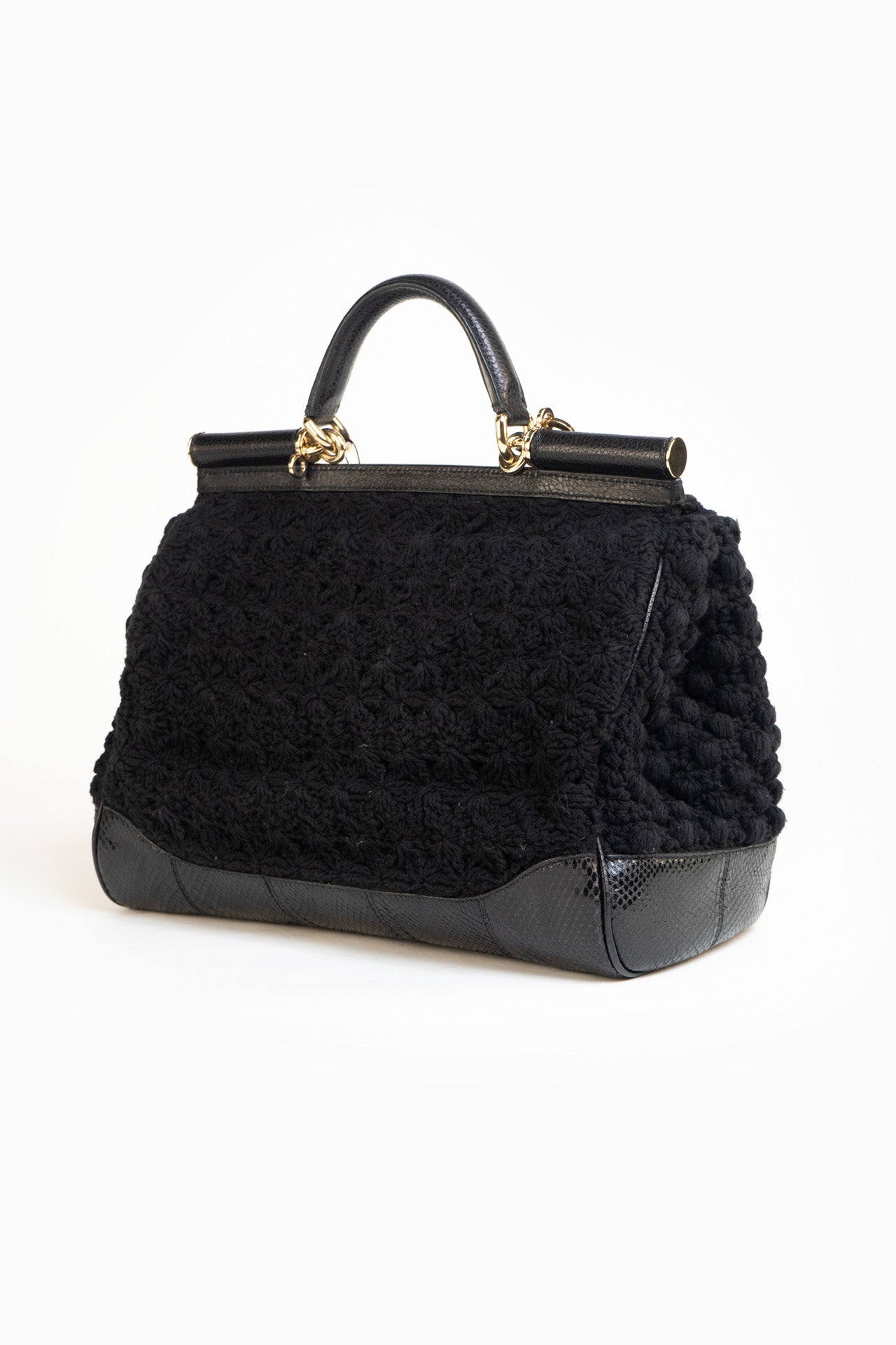 DOLCE & GABBANA SICILY INTERWOVEN CROCHET AND SNAKESKIN BAG IN BLACK