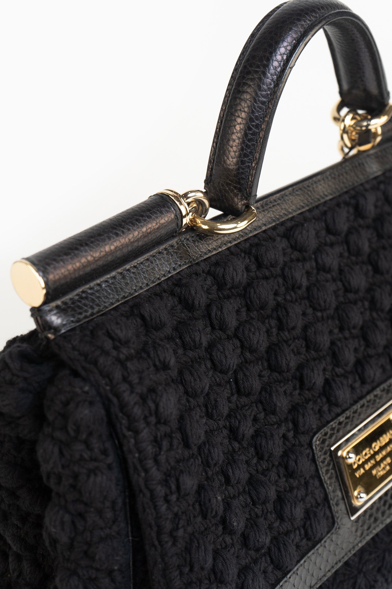 DOLCE & GABBANA SICILY INTERWOVEN CROCHET AND SNAKESKIN BAG IN BLACK