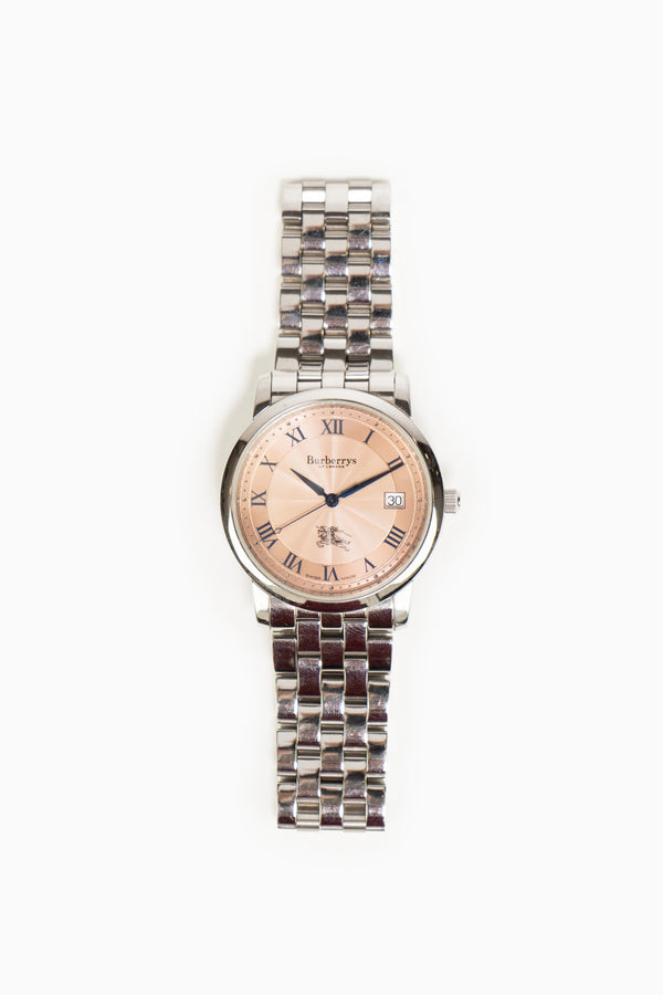 BURBERRYS SILVER AND ROSE GOLD VINTAGE WATCH - WITH METALLIC BRACELET