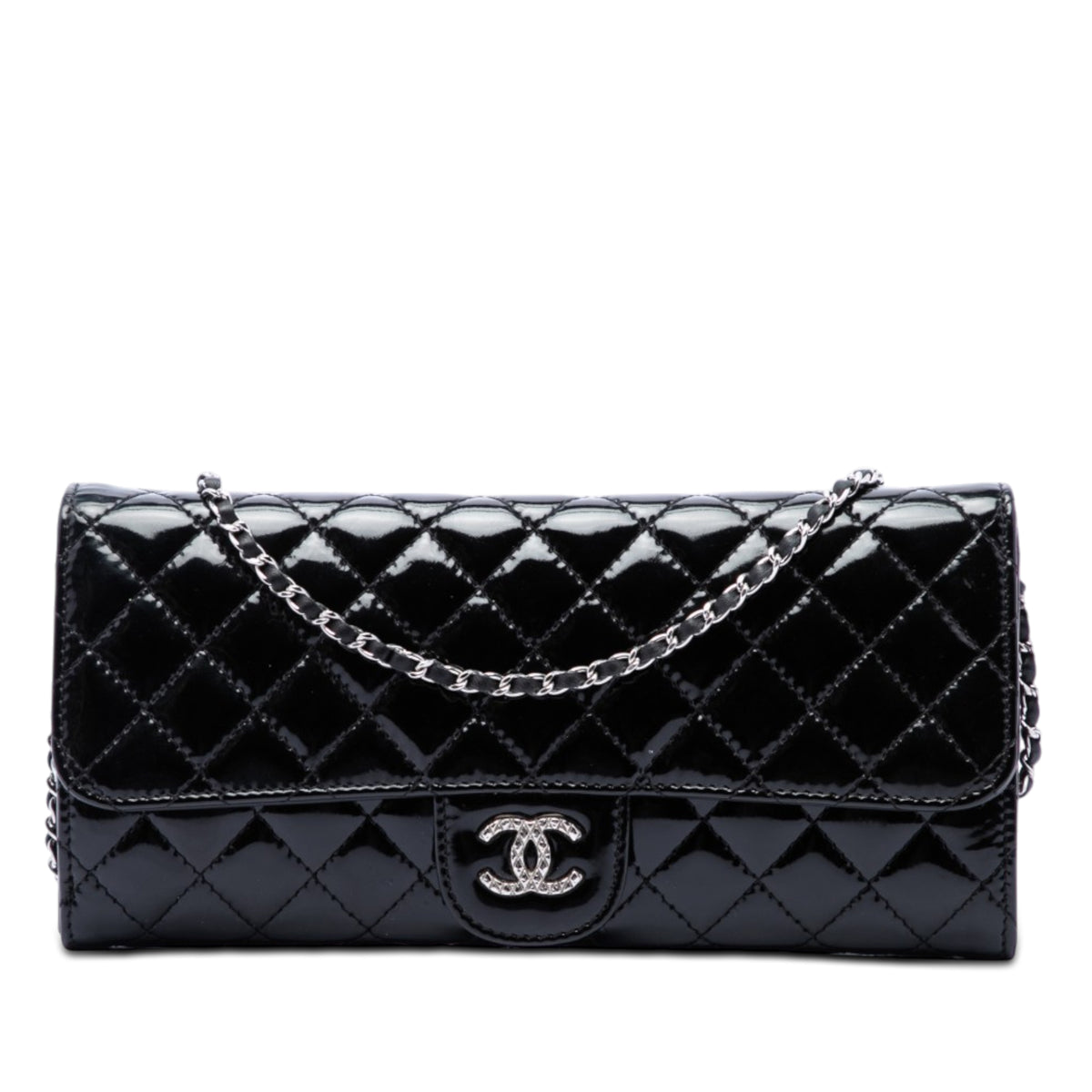 Chanel Quilted Patent Brilliant East West Flap Clutch with Chain Black