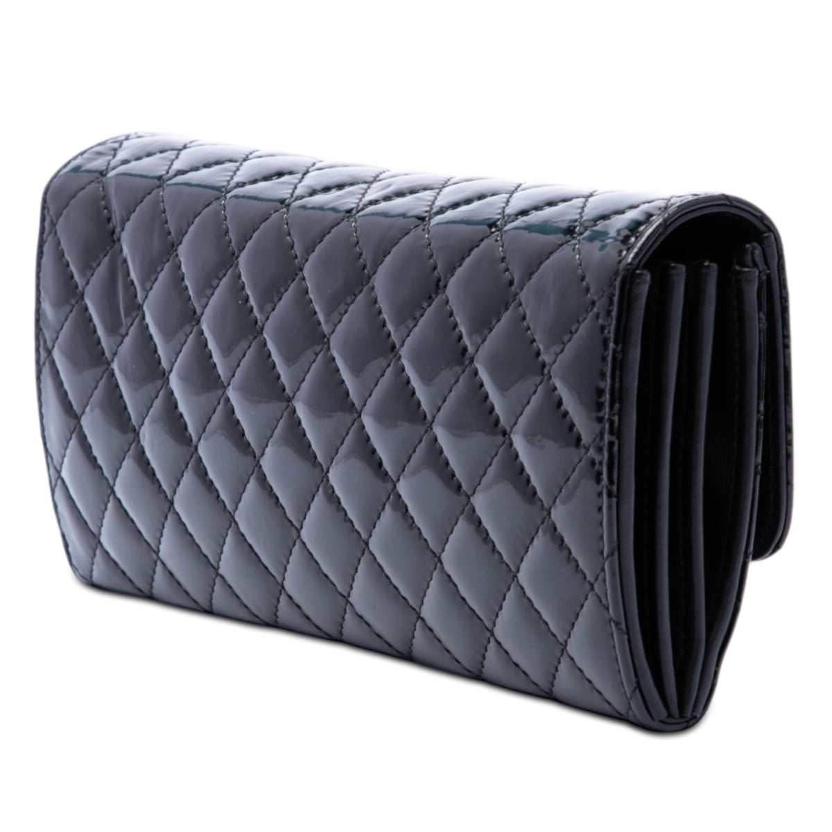 Chanel Quilted Patent Brilliant East West Flap Clutch with Chain Black
