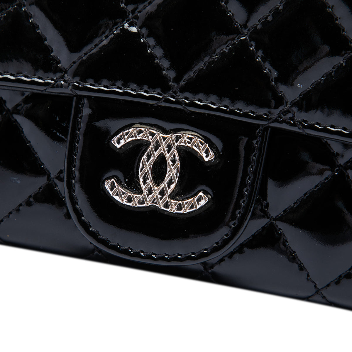 Chanel Quilted Patent Brilliant East West Flap Clutch with Chain Black
