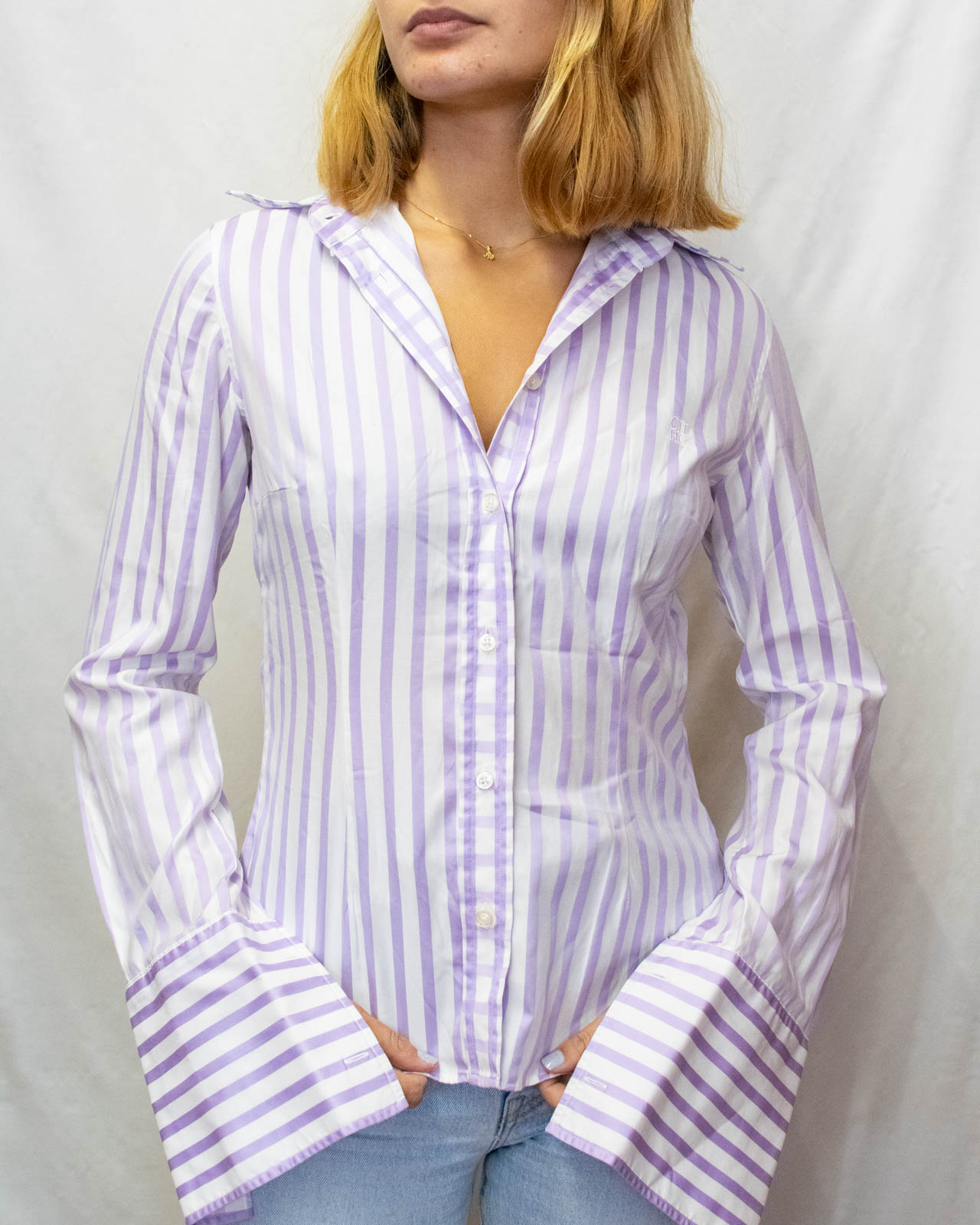 White and Lilac Carolina Herrera Sleeved Shirt - Made in Portugal