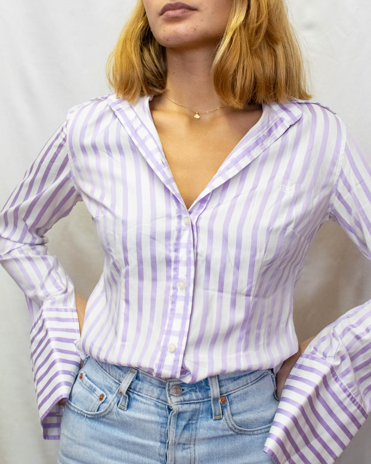 White and Lilac Carolina Herrera Sleeved Shirt - Made in Portugal