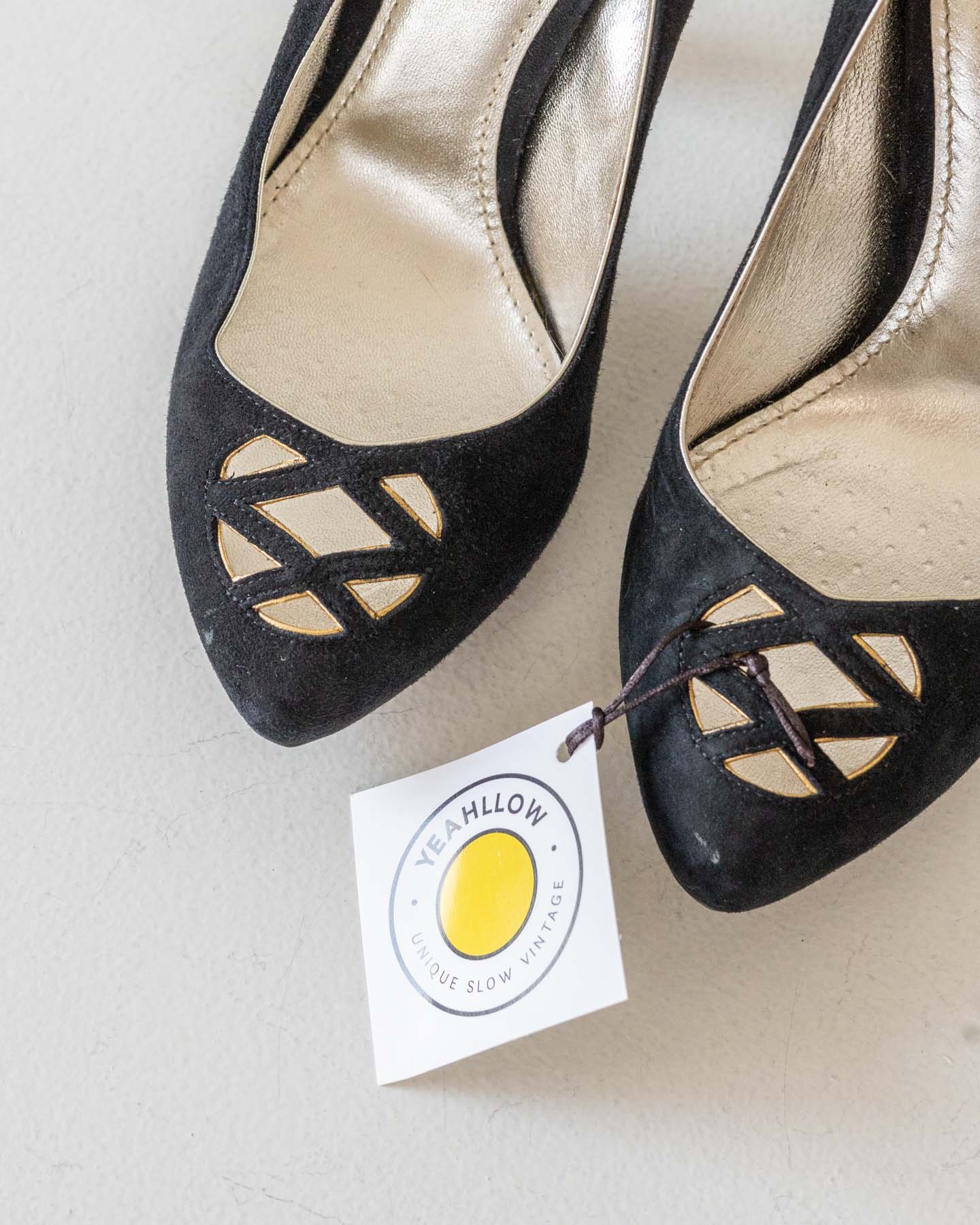 Dolce&amp;Gabbana Escarpins à talons dorés en daim noir - taille 37 - avec boîte d'origine
