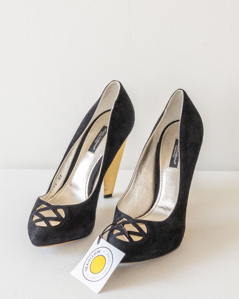 Salto agulha Dolce&amp;Gabbana Camurça Preta Dourada - tamanho 37 - com caixa original