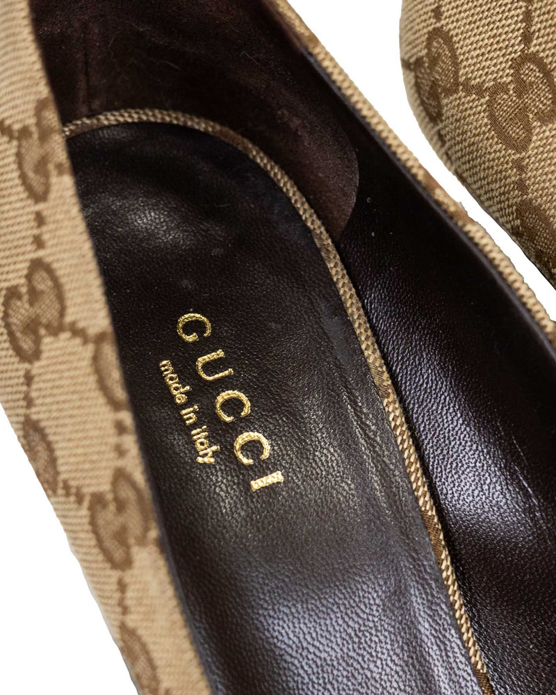 Gucci Open Toe Horse-bit Monogram Heels With Dust Bag - Size 38